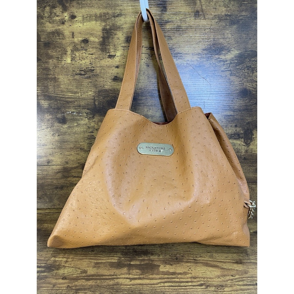 Signature Club A Faux Leather Shoulder Bag/Tote‎ Brown w/ Embossed Pattern.  B.1